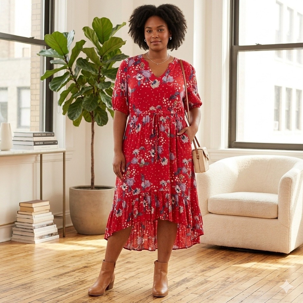 Nurture by Westbound Floral Midi Dress Womens XL Red Boho High-Low Ruffle V-Neck